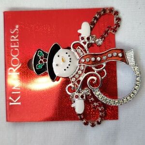 Kim Rogers Festive Snowman Brooch with Red & Silver Accents And Earrings